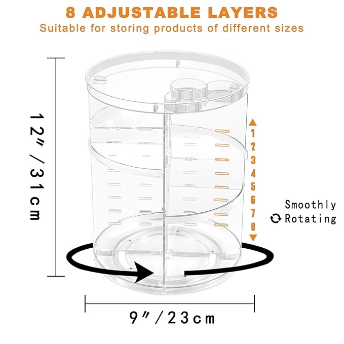 360° Rotating Makeup Organizer with Adjustable Layers & Brush Holder - Image 2