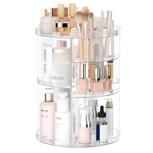 360° Rotating Makeup Organizer with Adjustable Layers & Brush Holder