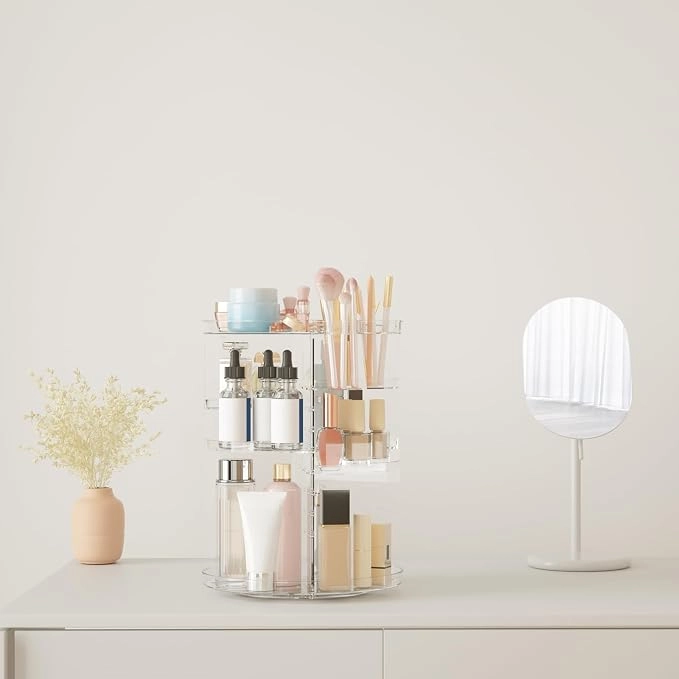360° Rotating Makeup Organizer with Adjustable Layers & Brush Holder - Image 4
